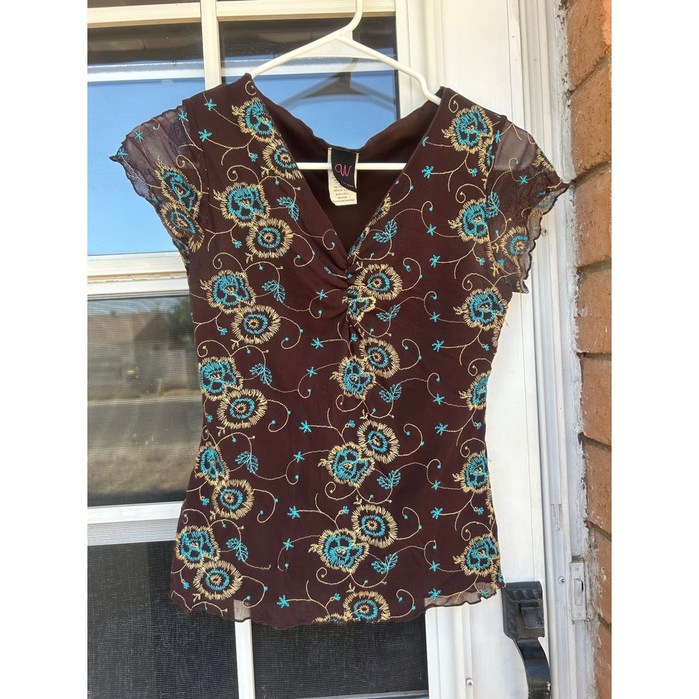 Wrapper Chocolate Brown Mesh Floral Embroidered V-Neck Top Medium Y2K Boho